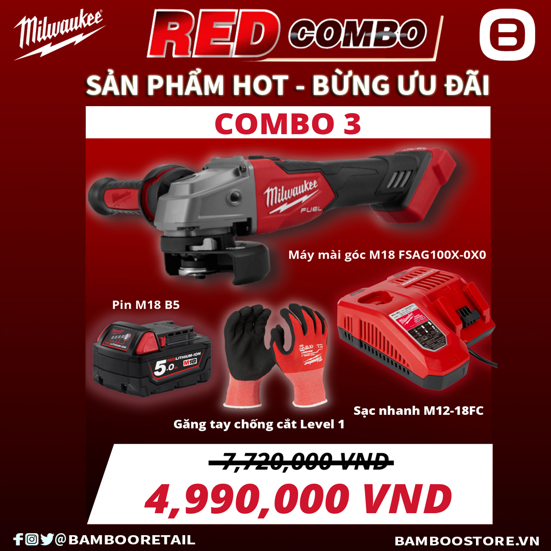 Milwaukee, Combo 3 - Sản phẩm hot - Bừng ưu đãi, 1 Máy mài góc M18 FSAG 100X-0X0, 1 Pin M18B5, 1 Sạc nhanh M12-18FC, 1 Cặp găng tay chống cắt Level 1