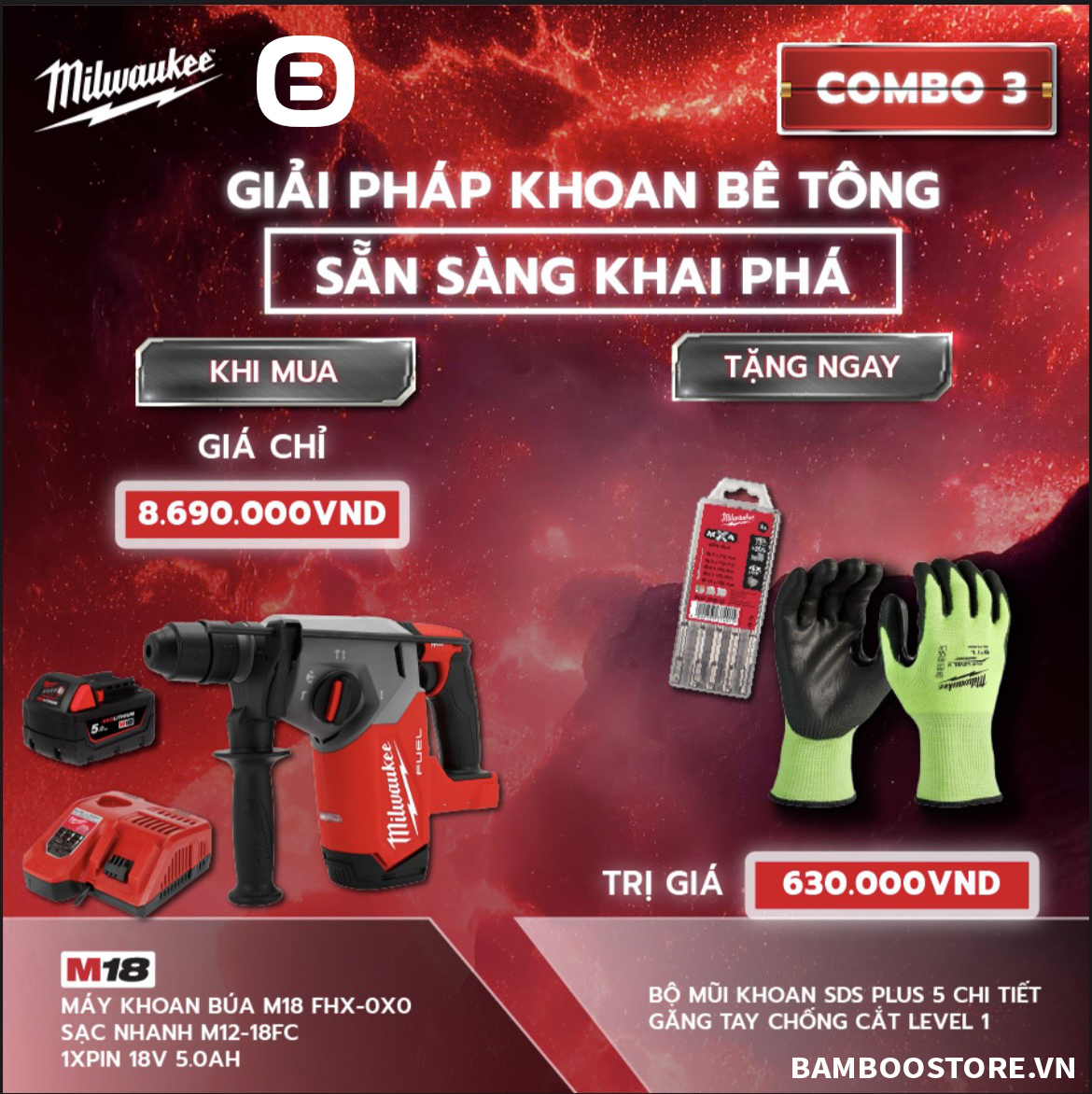 Milwaukee, Combo 3 - Giải pháp khoan bê tông sẵn sàng khai phá, 1 Máy khoan búa M18 FHX, 1 Sạc nhanh M12-18FC, 1 Pin M18B5, 1 Bộ mũi khoan SDS Plus 5 chi tiết, 1 Găng tay chống cắt level 1