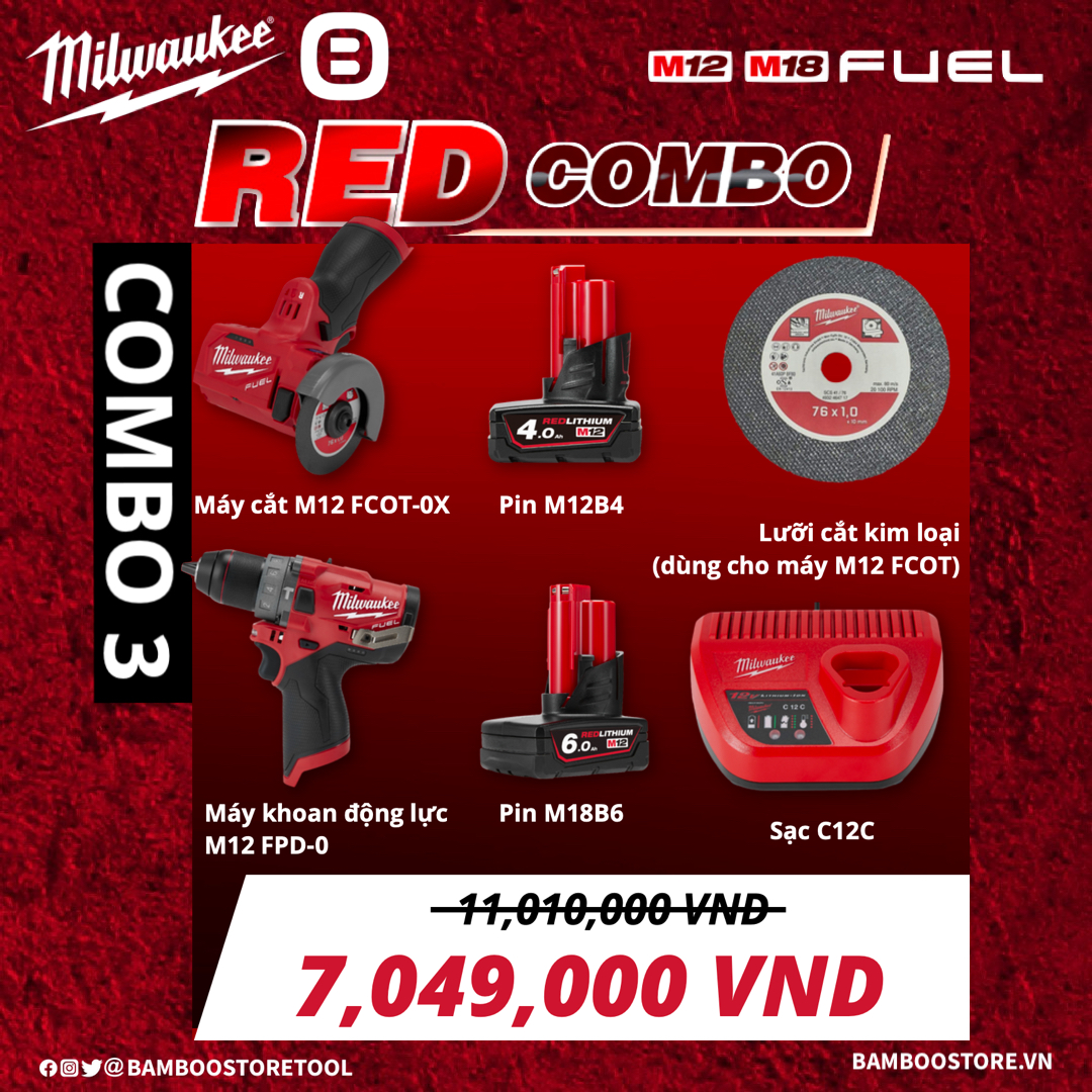 Milwaukee, Combo 3 - Bùng nổ deal to thỏa sức mua sắm, 1 Máy khoan động lực M12 FPD-0, 1 Máy cắt M12 FCOT-0X, 1 Pin M12B4, 1 Pin M12B6, 1 Sạc C12C, 1 Lưỡi cắt kim loại, 19601041