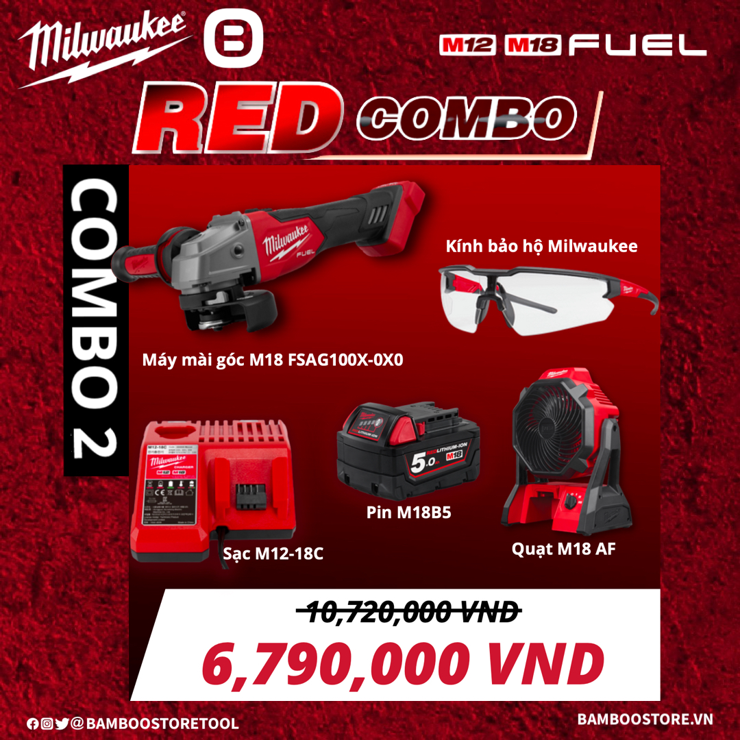 Milwaukee, Combo 2 - Bùng nổ deal to thỏa sức mua sắm, 1 Máy mài góc M18 FSAG100X-0X0, 1 Quạt M18 AF, 1 Pin M18B5, 1 Sạc M12-18C, 1 Kính bảo hộ Milwaukee, 59600075