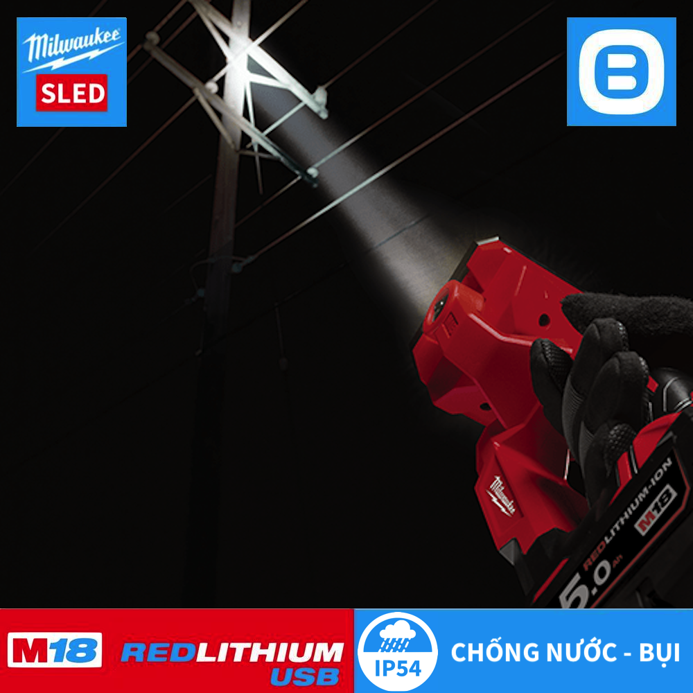 Milwaukee M18 SLED, Đèn rọi hắt, 18V, IP54, Chiếu sáng 650m, Màu đỏ đen, 16065005