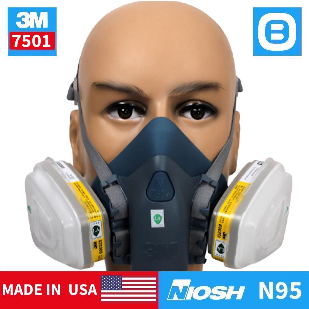 3M Combo mặt nạ phòng độc nửa mặt 7501+Phin lọc than hơi hữu cơ 6003+Tấm lọc 5N11+Nắp giữ 501, NIOSH N95, Lọc 95% virus+hơi hữu cơ