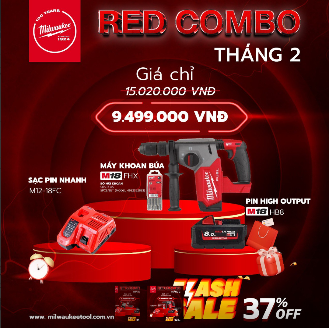Milwakee, Red combo tháng 2 - 1 Máy khoan búa M18 FHX, 1 Bộ mũi khoan SDS Plus, 1 Sạc pin nhanh M12- 18FC, 1 Pin high output M18 HB8