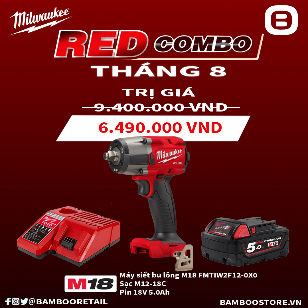 Milwaukee, Red Combo Tháng 8, 1 Máy siết bu lông M18 FMTIW2F12, 1 Sạc pin M12-18C, 1 Pin M18B5