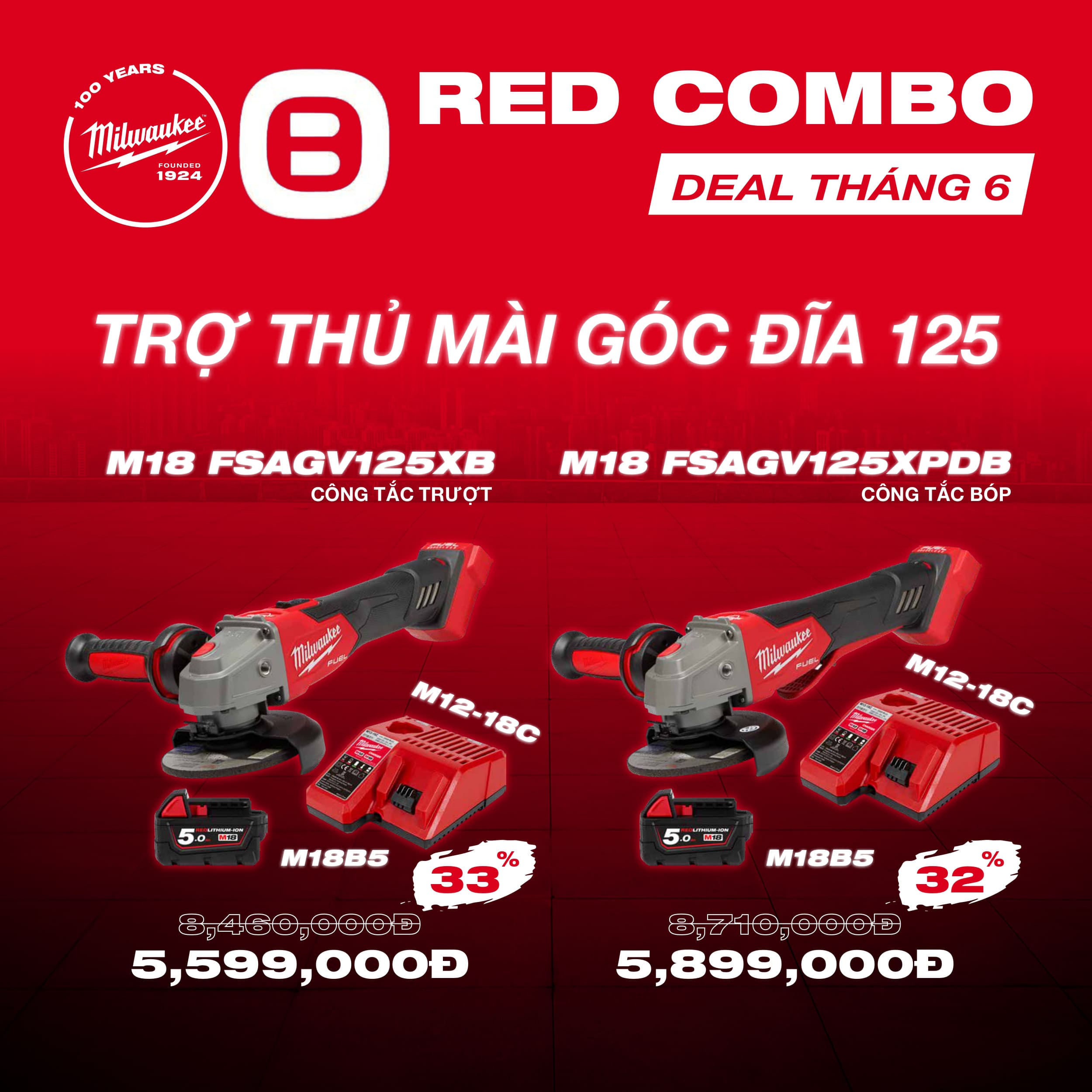 Milwaukee, Combo 1 tháng 6 Trợ thủ mài góc đĩa 125 - 1 Máy mài góc M18 FSAGV100XB, 1 Bộ sạc M12-18C, 1 Pin M18B5