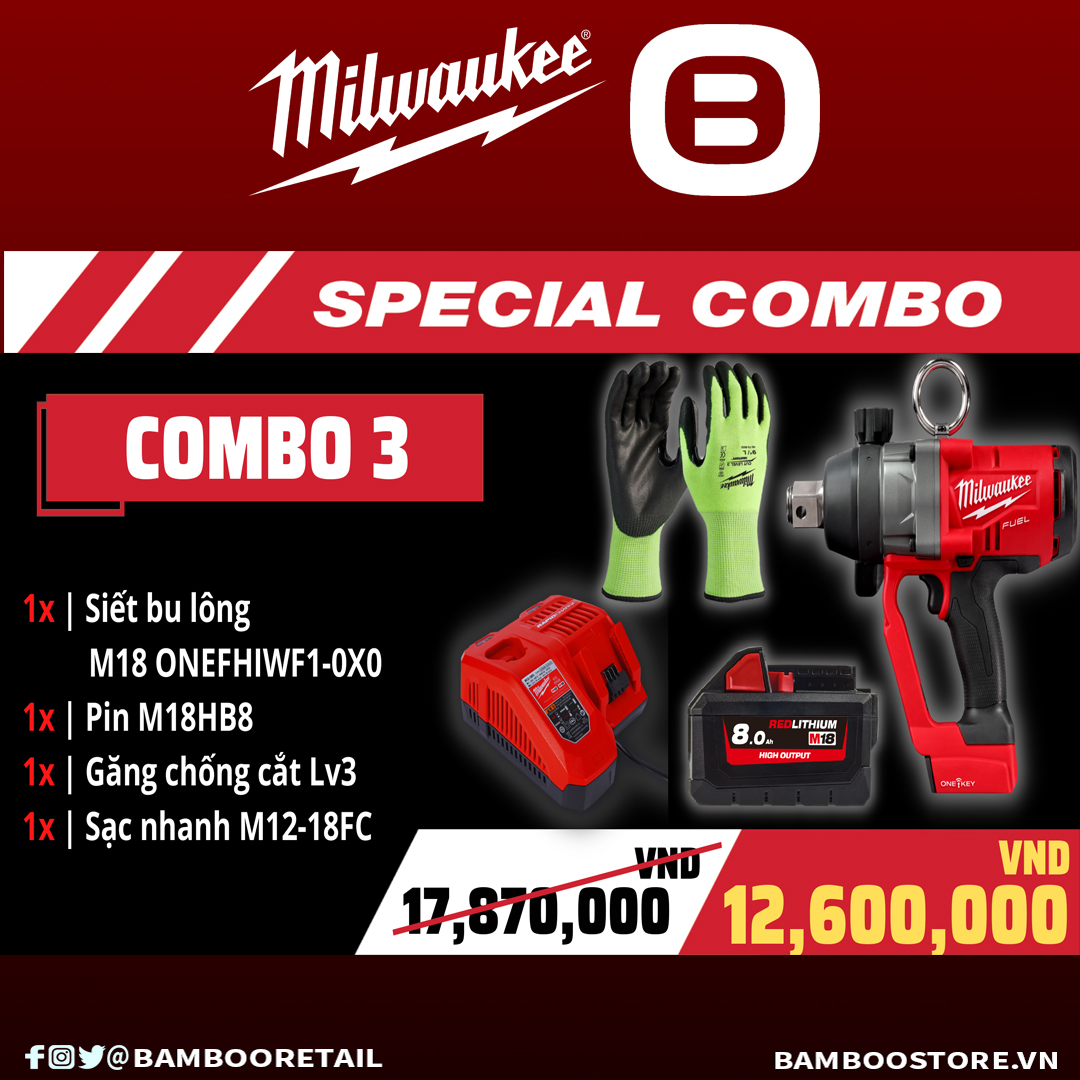 Milwaukee, Special Combo 3, 1 Máy siết bu lông M18 ONEFHIWF1-0X0, 1 Sạc nhanh M12-18FC, 1 Pin M18HB8, 1 Găng tay chống cắt Lv3