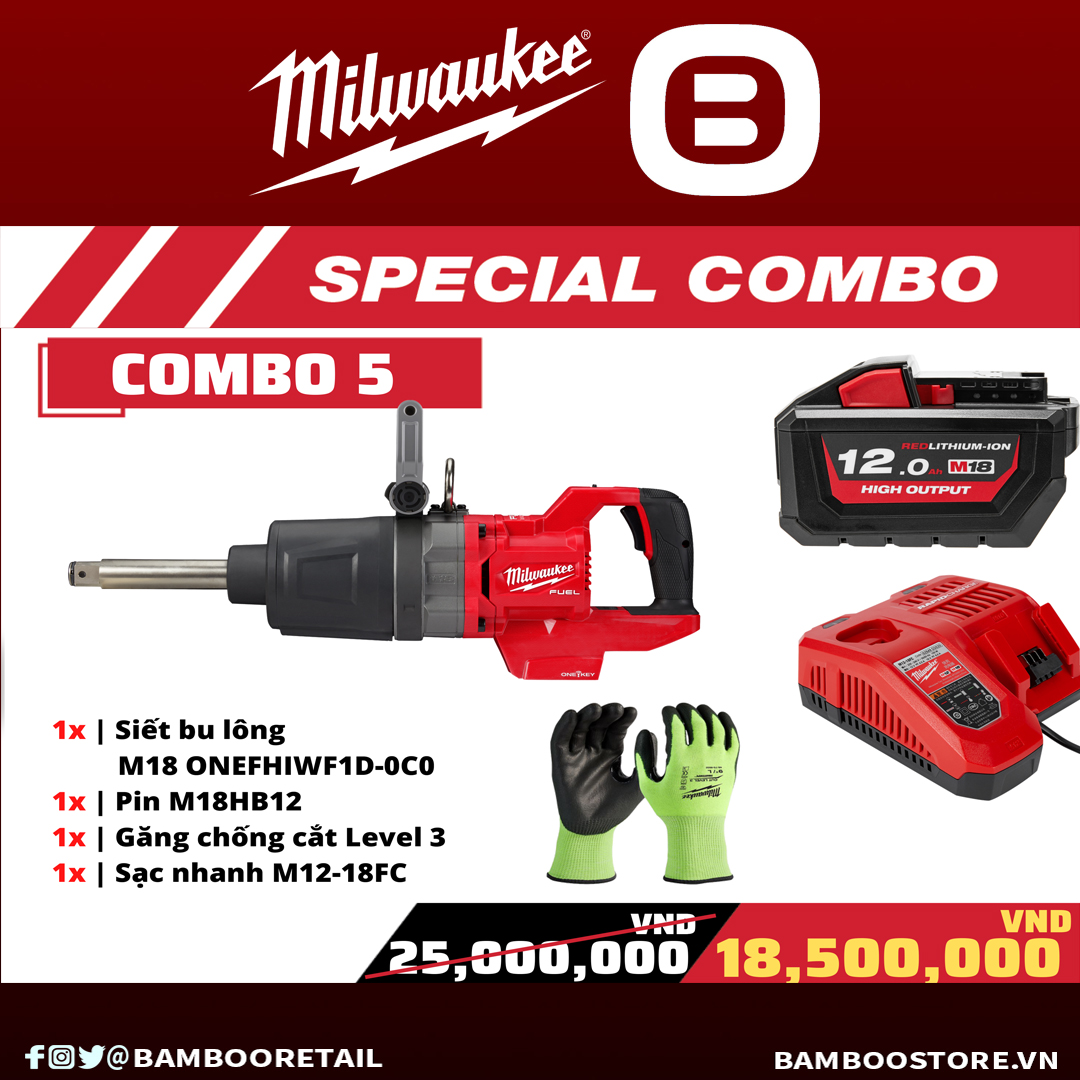 Milwaukee, Special Combo 5, 1 Máy siết bu lông M18 ONEFHIWF1D-0X0, 1 Sạc nhanh M12-18FC, 1 Pin M18HB12, 1 Găng tay chống cắt Lv3
