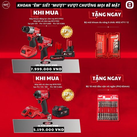 Milwaukee, Combo 1 tháng 5 Khoan êm siết mượt vượt chướng mọi bề mặt - 1 Máy khoan động lực M12 FPD2, 1 Máy vặn vít M12 FPD2, 1 Sạc Pin 12V 12C2 ,1 Pin M12BH5 5Ah, 1 Pin M12B4 4Ah, Tặng 1 Bộ mũi khoan đa năng 8 chiếc