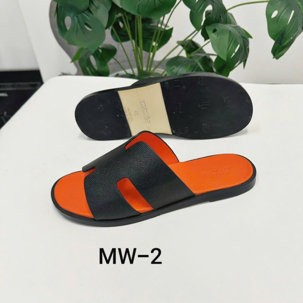Dép Da Hermes - Đen Cam Cao Cấp
