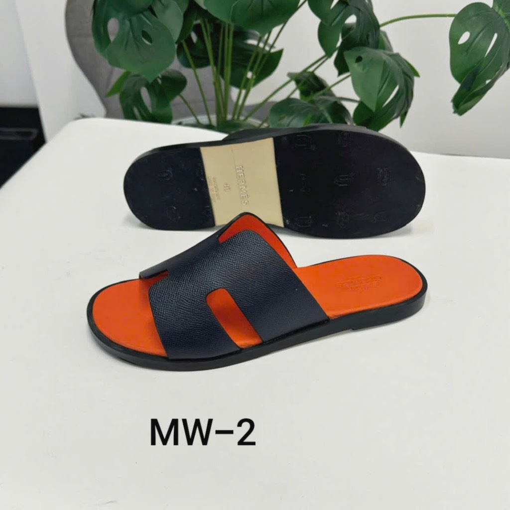 Dép Da Hermes - Đen Cam Cao Cấp
