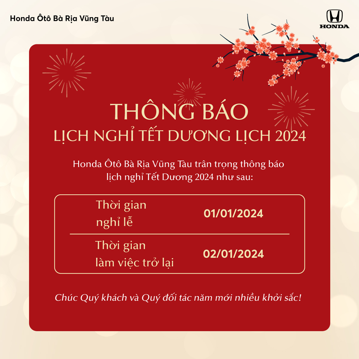 THÔNG BÁO NGHỈ LỄ TẾT DƯƠNG LỊCH 2025 Honda Ôtô Bà Rịa Vũng Tàu Bà Rịa