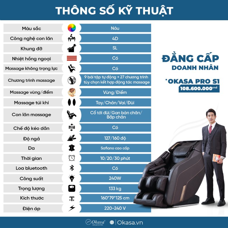 Thông số kỹ thuật của ghế massage OKASA PRO S1