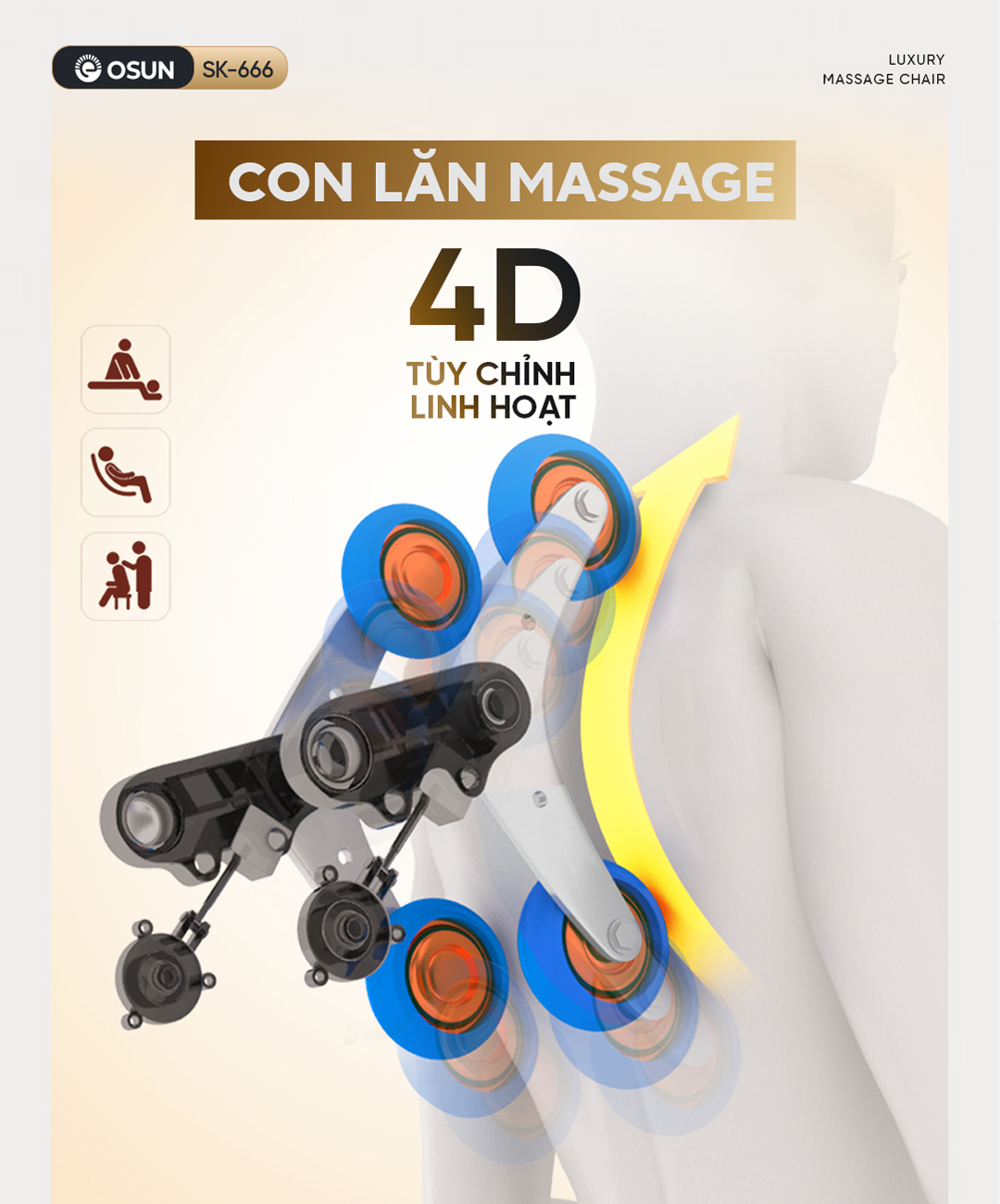 Ghế  trang bị hệ thống con lăn massage chuyên nghiệp