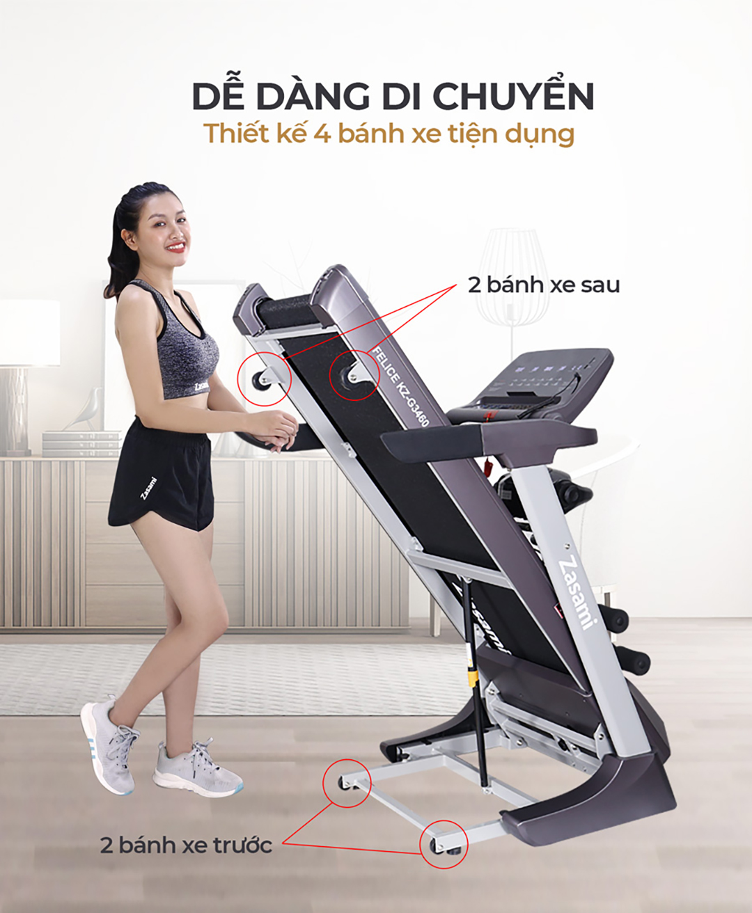 Máy chạy bộ đa năng Zasami Felice KZ-G3460 di chuyển dễ dàng hơn