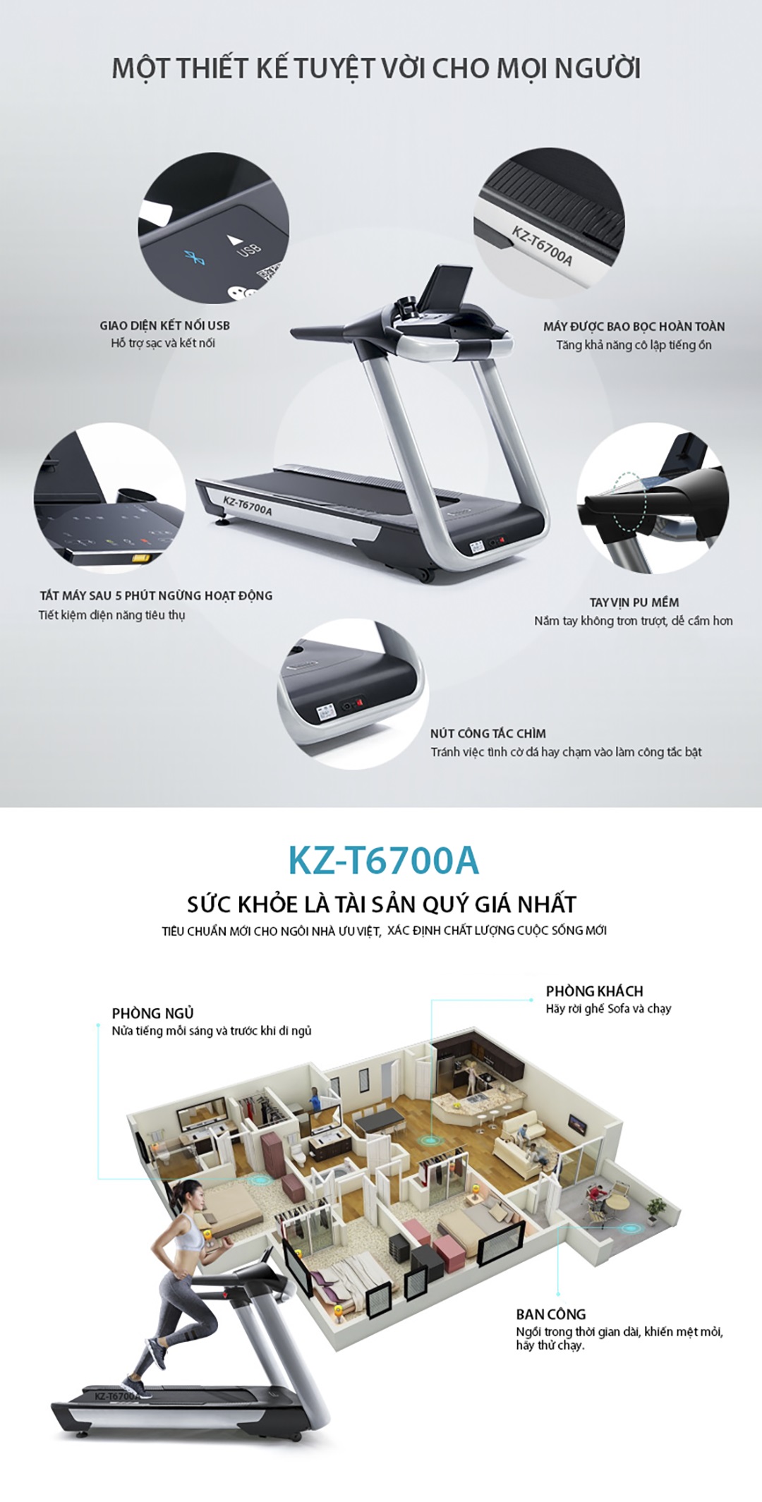 Máy chạy bộ đa năng Zasami KZ-T6700A thiết kế phù hợp cho không gian nhà bạn