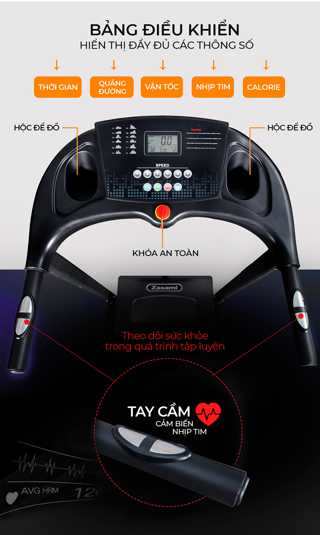 Máy chạy bộ đa năng Zasami Fly KZ-G7380 có bảng điều khiển hiển thị đầy đủ thông số