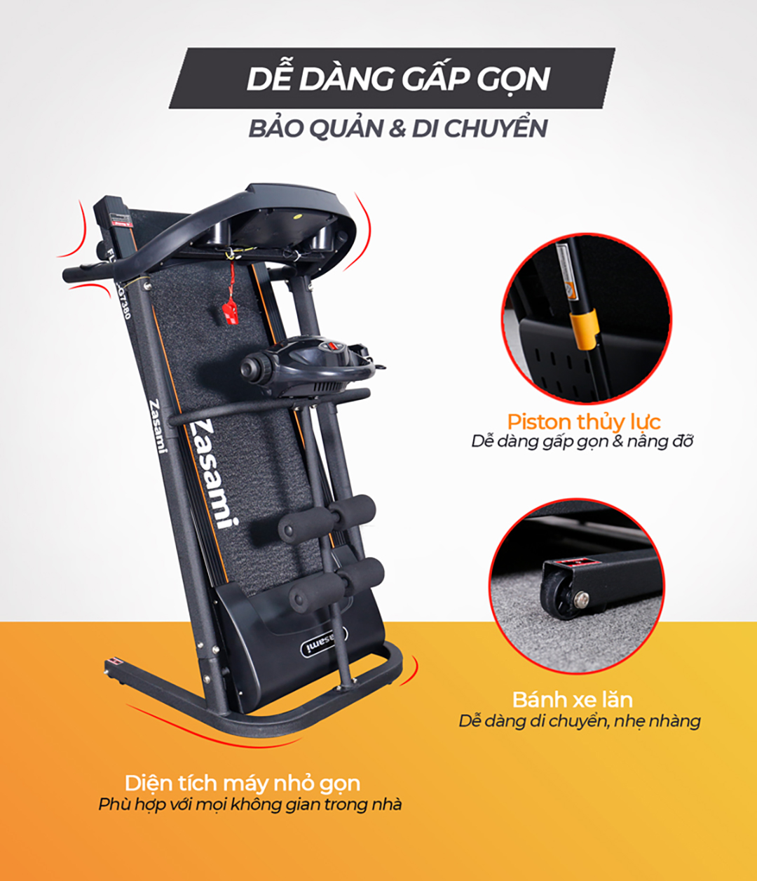 Máy chạy bộ đa năng Zasami Fly KZ-G7380 dễ dàng gấp gọn và di chuyển