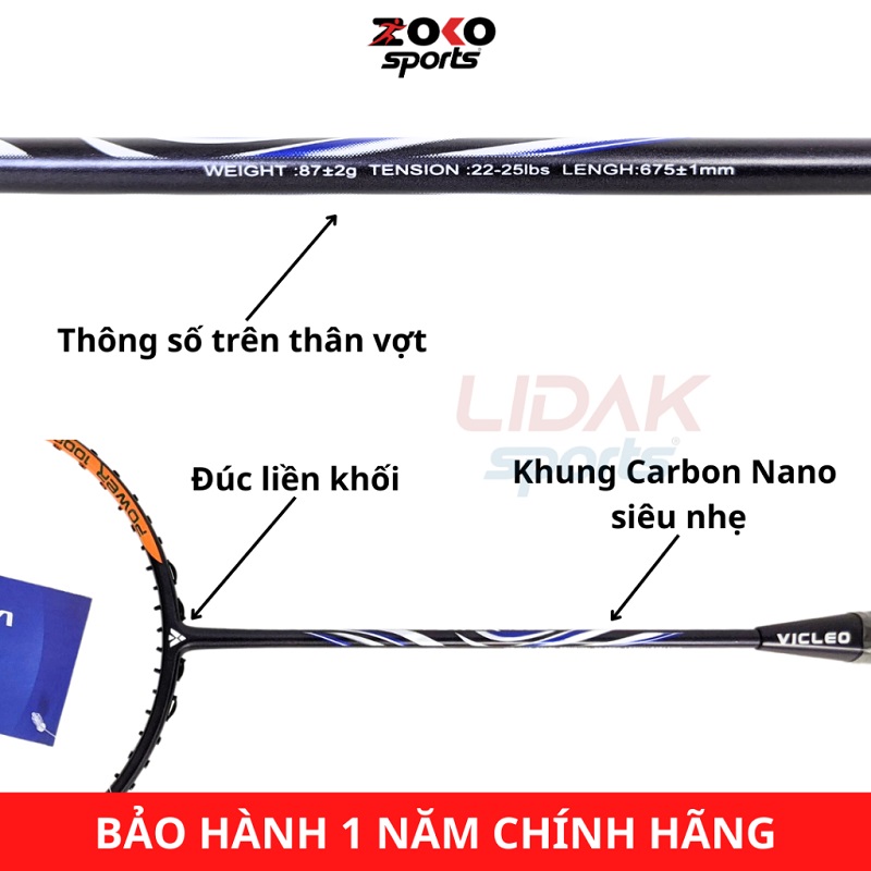 Hình ảnh thông số trên vợt cầu lông Vicleo Power 1000S khung carbon giá sinh viên 