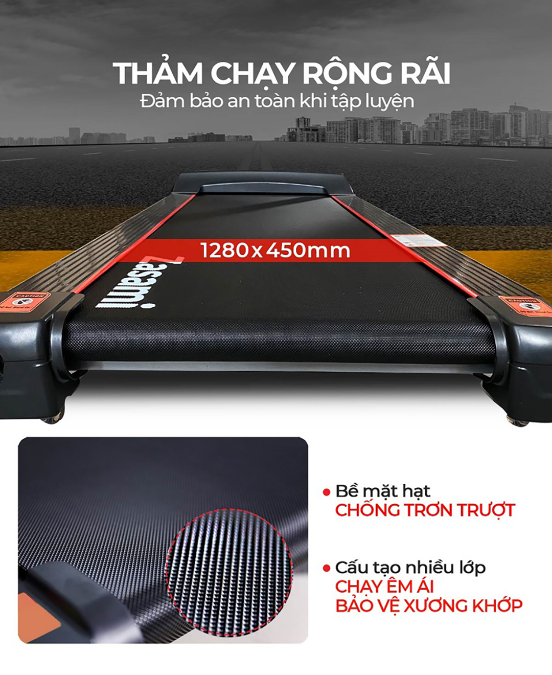 Máy chạy bộ đa năng Zasami KZ-Y545M thảm chống trơn trượt an toàn cho người dùng