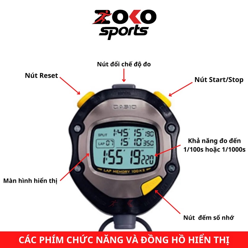 Thông số kỹ thuật các phím của đồng hồ bấm giờ casio hs 70w