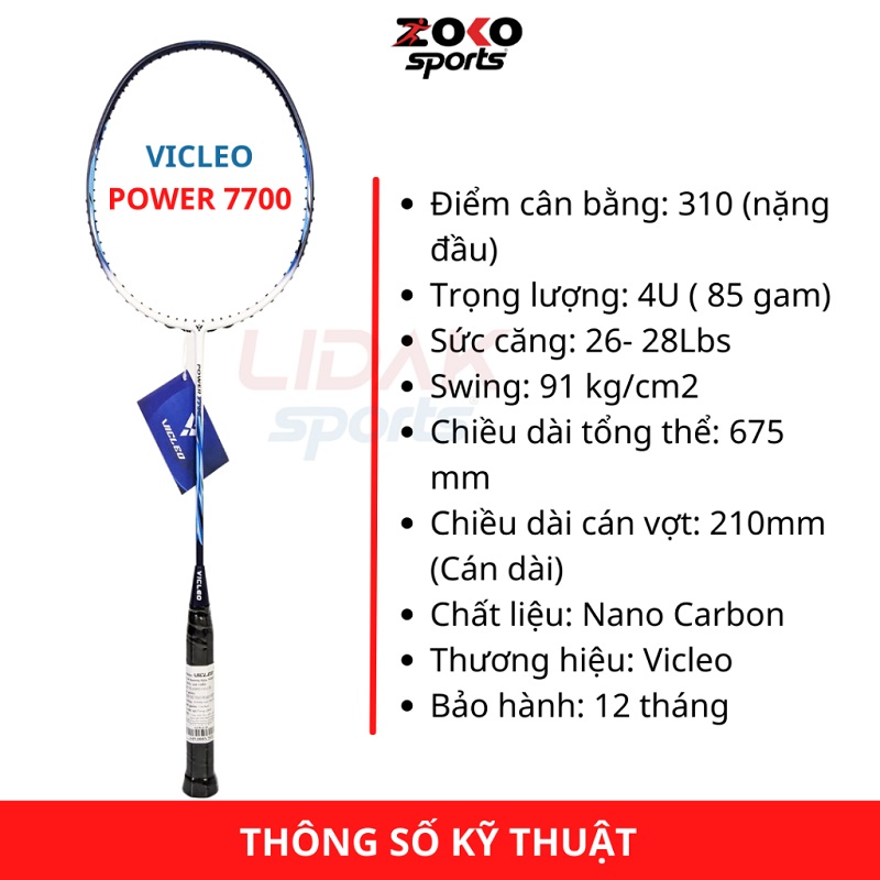 VỢT CẦU LÔNG VICLEO POWER 7700 KHUNG SIÊU NHẸ MỨC CĂNG 9KG 10KG 11KG 12KG 13KG