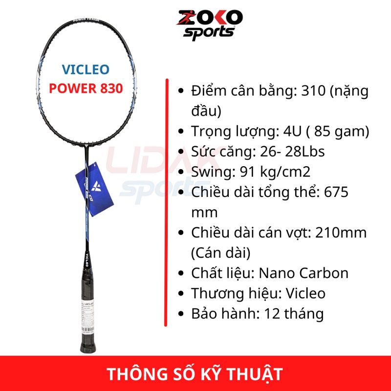 VỢT CẦU LÔNG VICLEO POWER 830 CHÍNH HÃNG MỨC 10KG 11KG 12KG KHUNG CARBON NHẸ