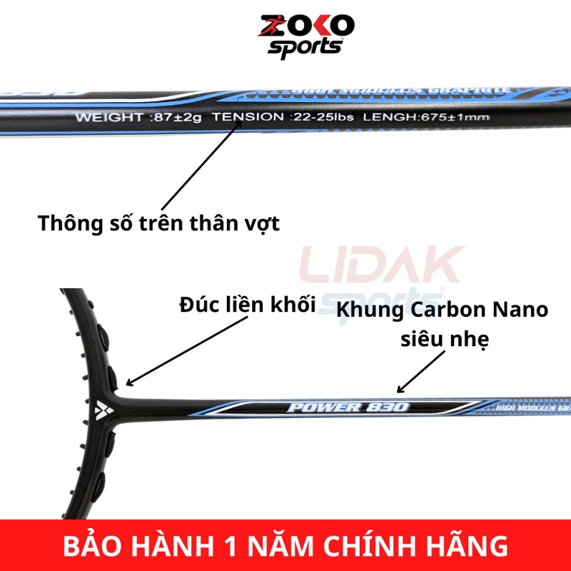 VỢT CẦU LÔNG VICLEO POWER 830 CHÍNH HÃNG MỨC 10KG 11KG 12KG KHUNG CARBON NHẸ