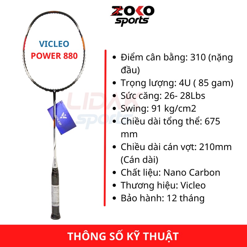 VỢT CẦU LÔNG VICLEO POWER 880 CHÍNH HÃNG CĂNG 9KG 10KG 11KG 12KG KHUNG CARBON