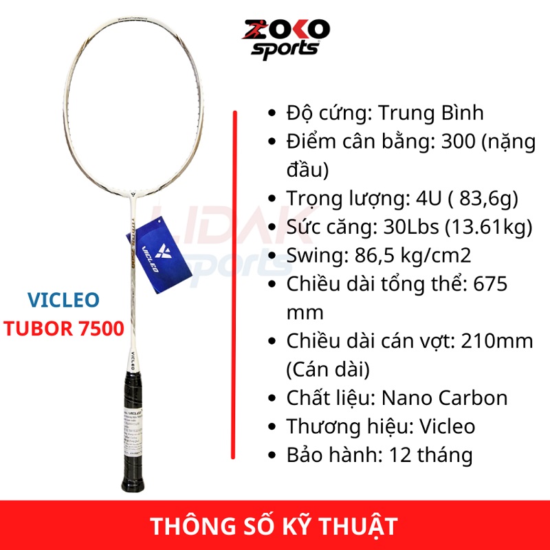 VỢT CẦU LÔNG VICLEO TUBOR 7500 MÀU TRẮNG CHÍNH HÃNG MỨC 10KG 11KG KHUNG CARBON