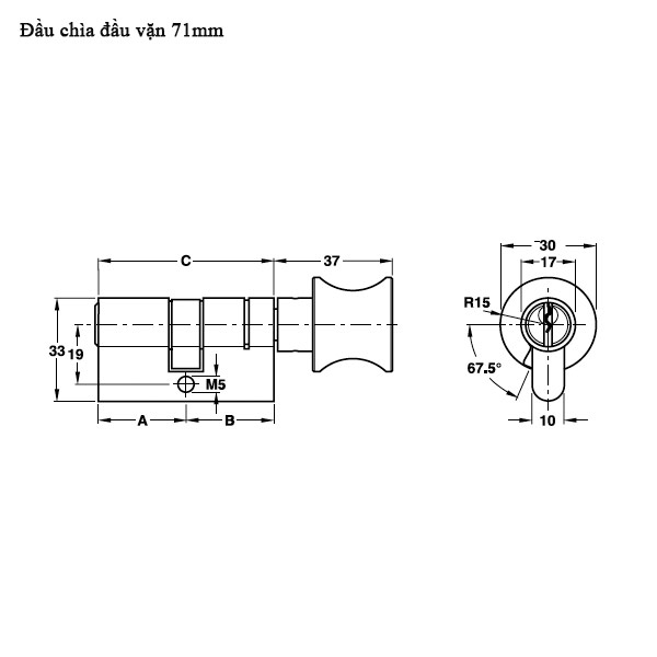 Ruột khóa 1 đầu vặn 1 đầu chìa 71mm Hafele 916.63.325