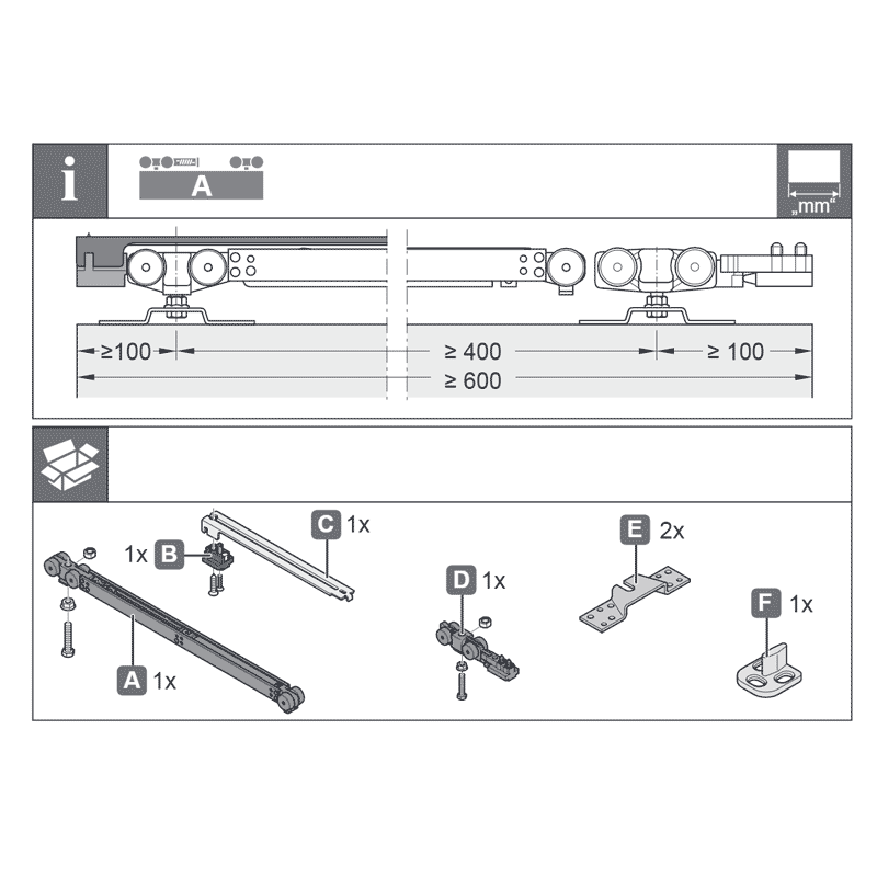 Bộ phụ kiện cửa lùa Hafele 100/AS giảm chấn 1 bên 941.03.001