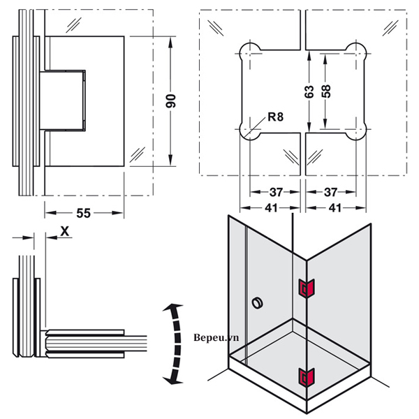 Bản lề kính – kính 90 độ DIY Hafele 499.05.805