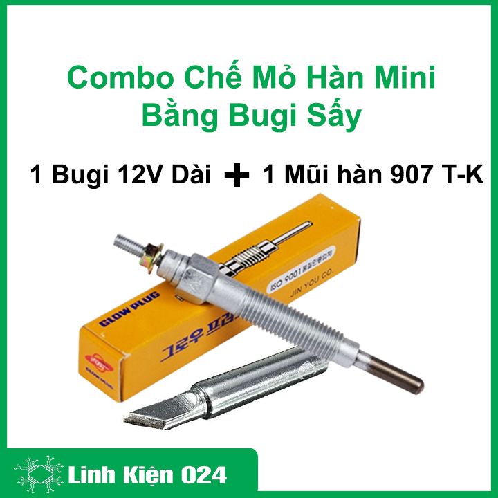 Bộ Chế Mỏ Hàn Mini Bằng Bugi Sấy 12v Cực Chất ( Gồm 1 Bugi Sấy Dài Và 1 Mũi Hàn 907 T-K )