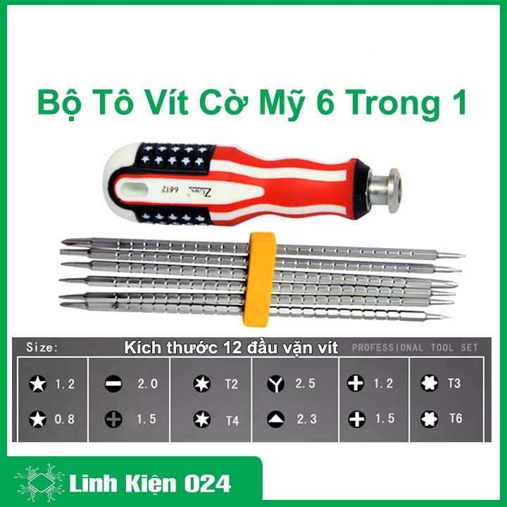 Bộ Tô Vít Cờ Mỹ 6 Trong 1 Cao Cấp 12 Đầu Vặn Vít