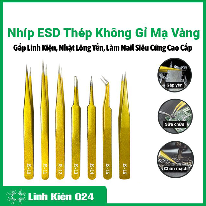 Nhíp JS Thép Không Gỉ Mạ Vàng Đa Năng Gắp Linh Kiện, Nhặt Lông Yến, Làm Nail Siêu Cứng Cao Cấp