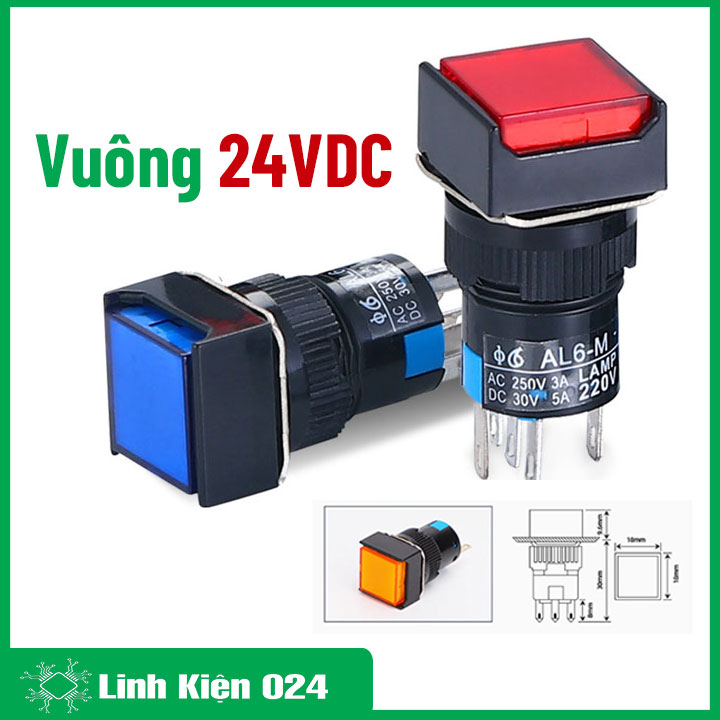 Nút Nhấn Đề Vuông 24VDC Al6- M Nhấn Nhả Có Đèn Nhiều Màu (K5H14)
