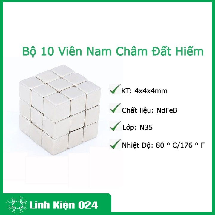 Bộ 10 Viên Nam Châm Đất Hiếm Vuông 4x4x4mm Siêu Từ Tính