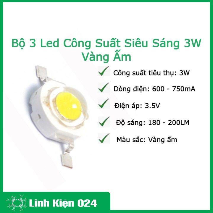 Bộ 3 Led Công Suất Siêu Sáng 3W Vàng Ấm ( Tặng 3 Đế Tản Nhiệt )