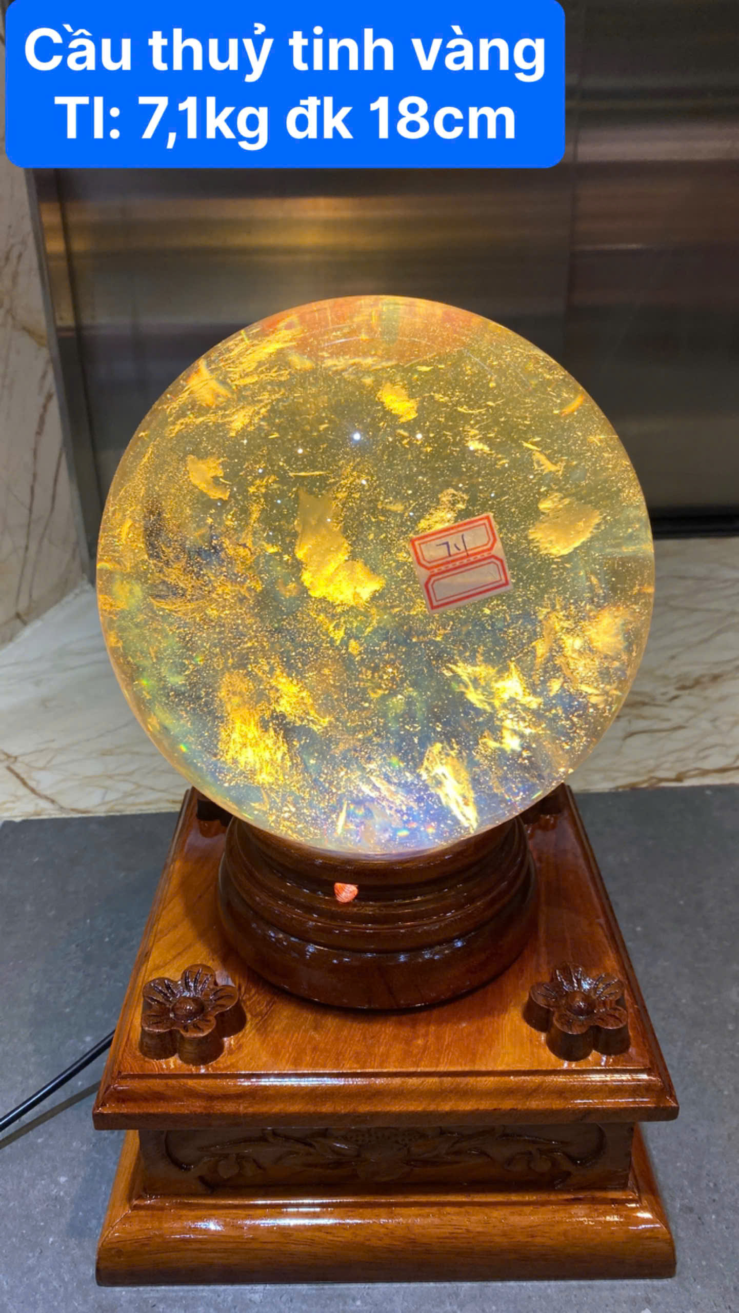 Quả Cầu Obsidian Thủy Tinh Vàng 18cm Đắc Tài Sai Lộc, Gia Đạo Hài Hòa