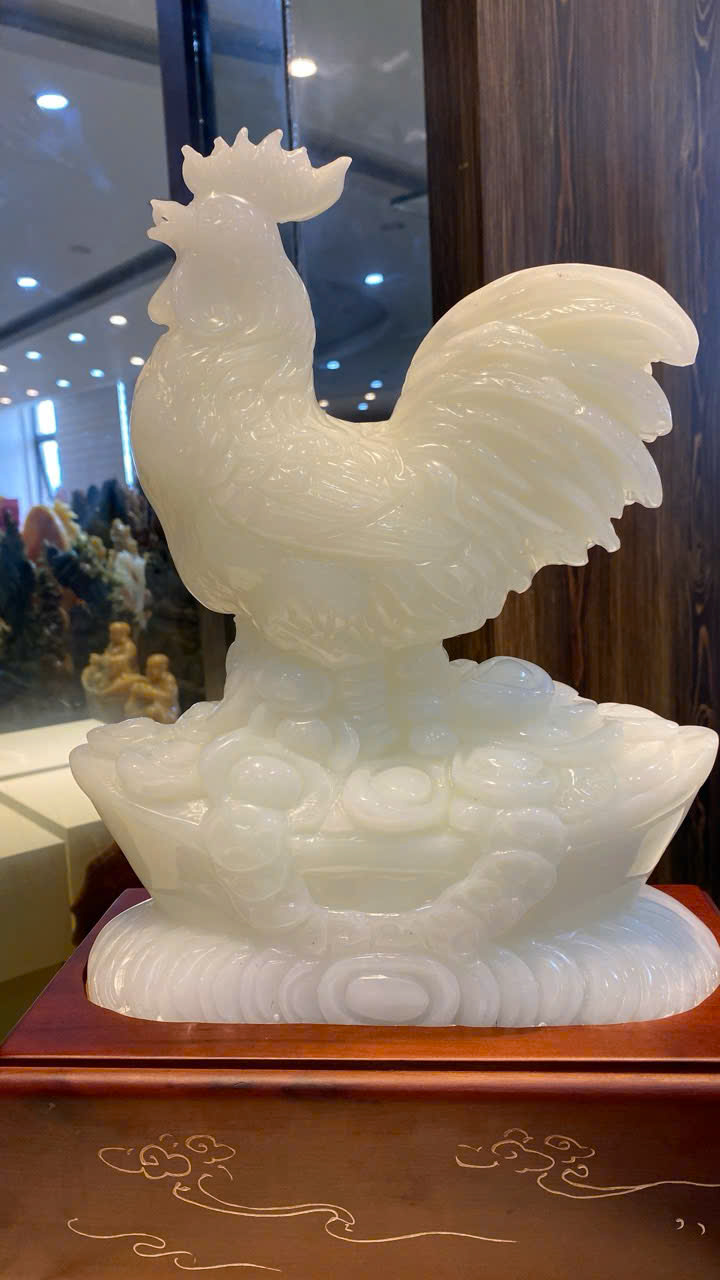 Tượng gà (Tuổi Dậu) Bạch Ngọc Onyx Trắng Bạch Ngọc Cát Tường – Đại Cát Đại Lợi – Trấn Diệt Tiểu Nhân
