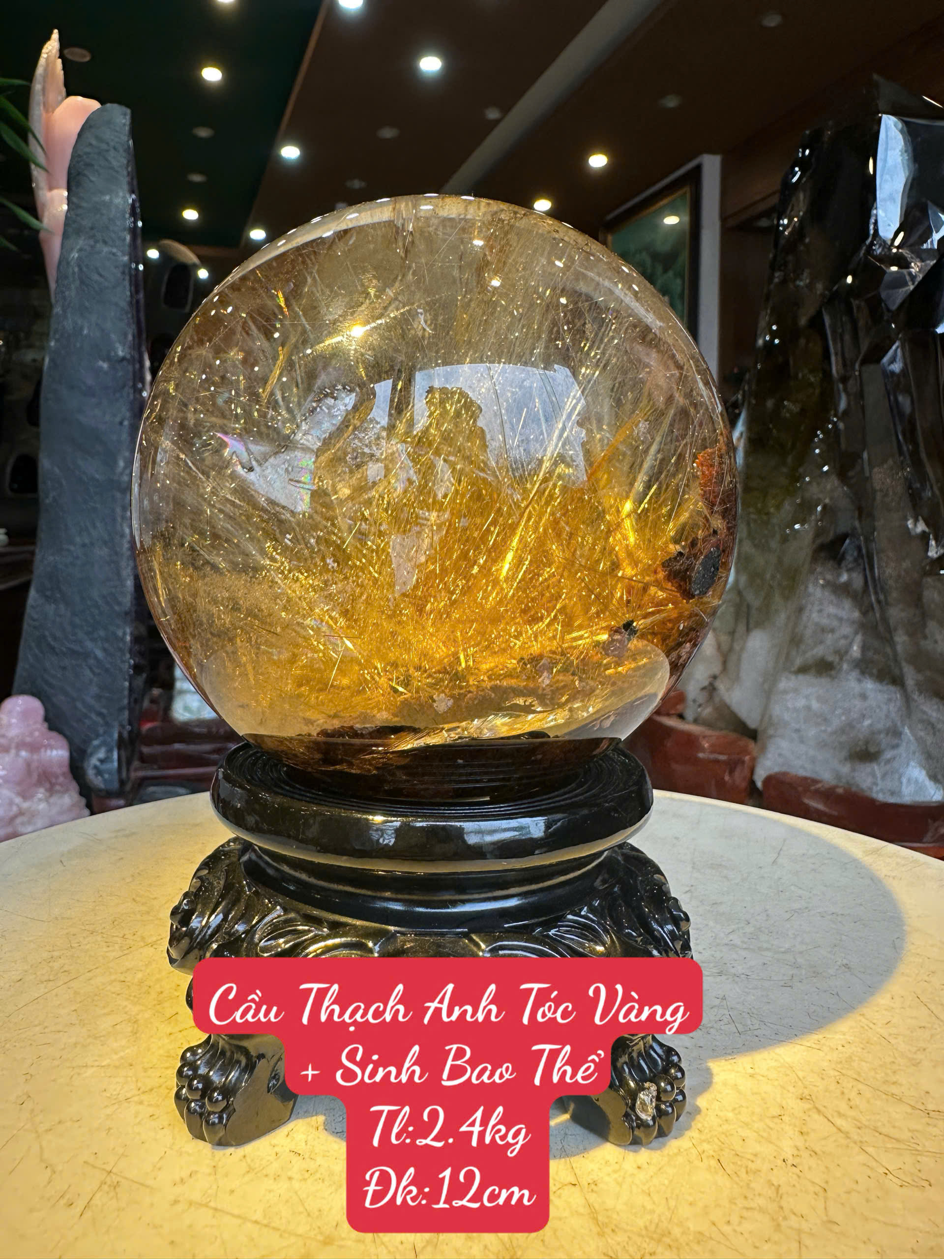 Quả Cầu Thạch Anh Tóc Vàng 12cm Kim Tơ Thu Hút Tài Lộc, Khởi Sắc Vinh Hoa