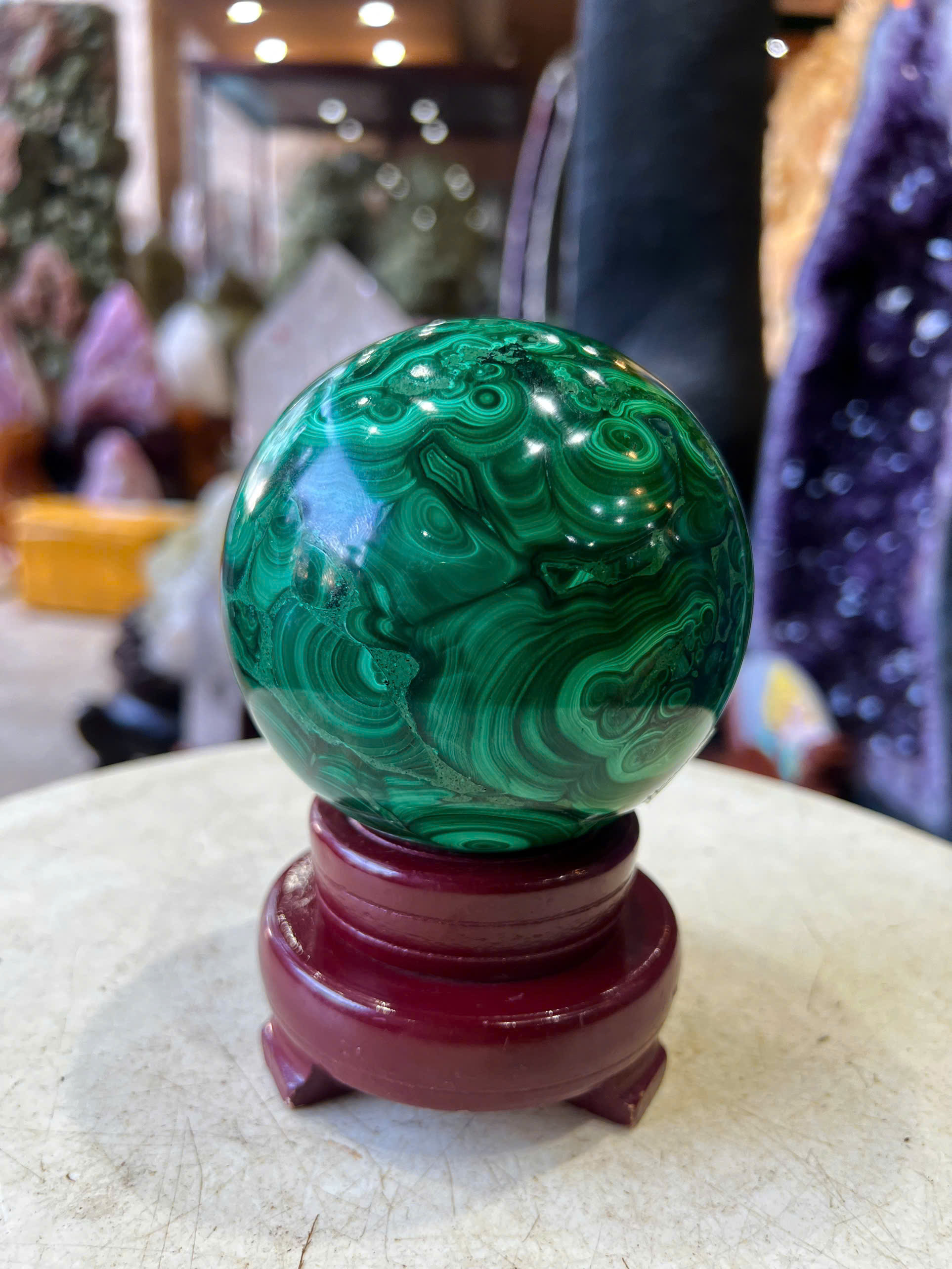 Quả Cầu Ngọc Khổng Tước (Malachite) 9.5cm Sắc Biển Khơi Sang Trọng, Chiêu Tài Tụ Khí