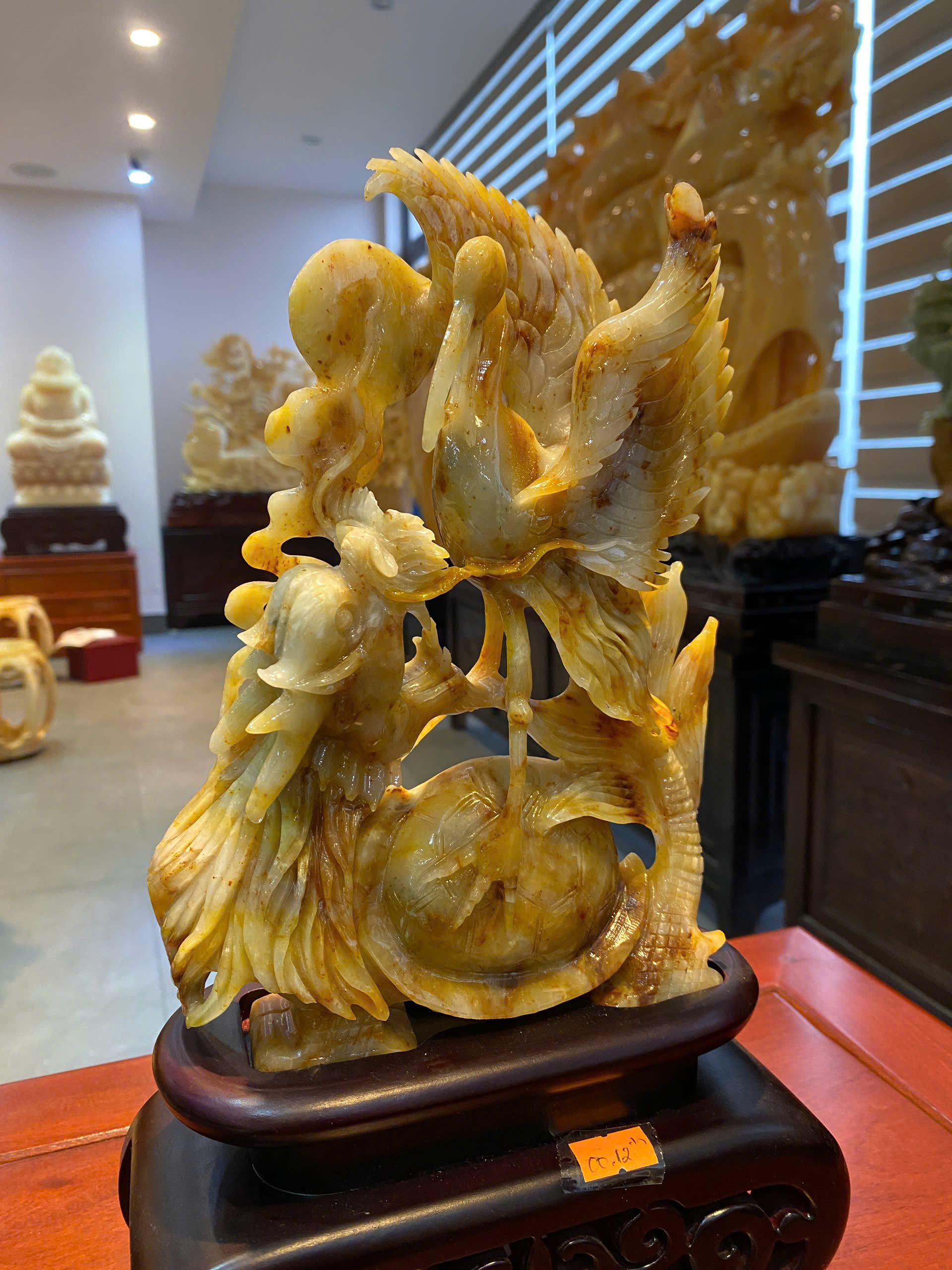 Tiên Hạc Cưỡi Long Quy ngọc serpentine vàng – Biểu tượng trường thọ, phú quý và vượng khí bền lâu