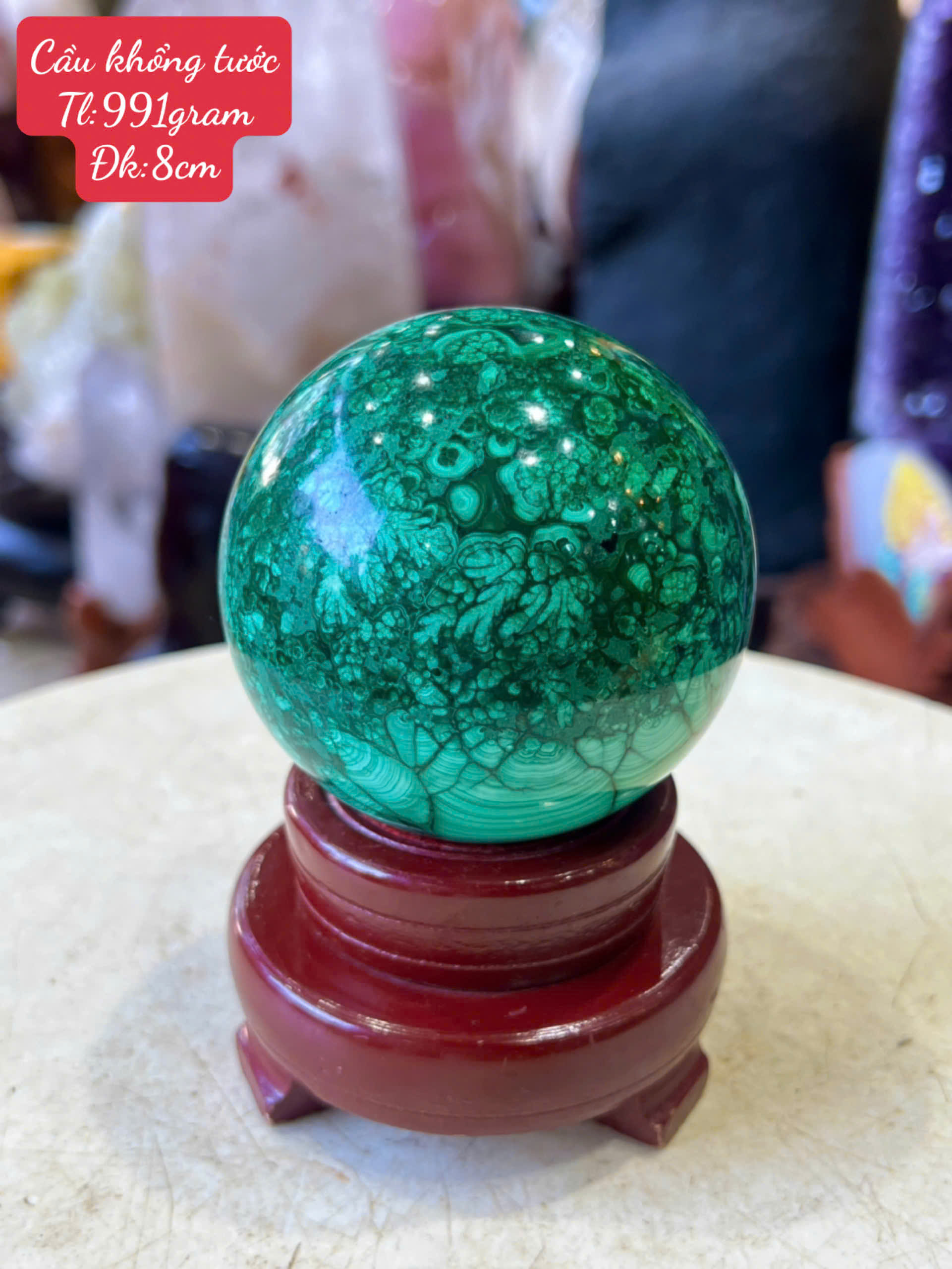Quả Cầu Ngọc Khổng Tước (Malachite) 8cm Quyền Lực Hoàng Gia, Khơi Thông Tài Vận