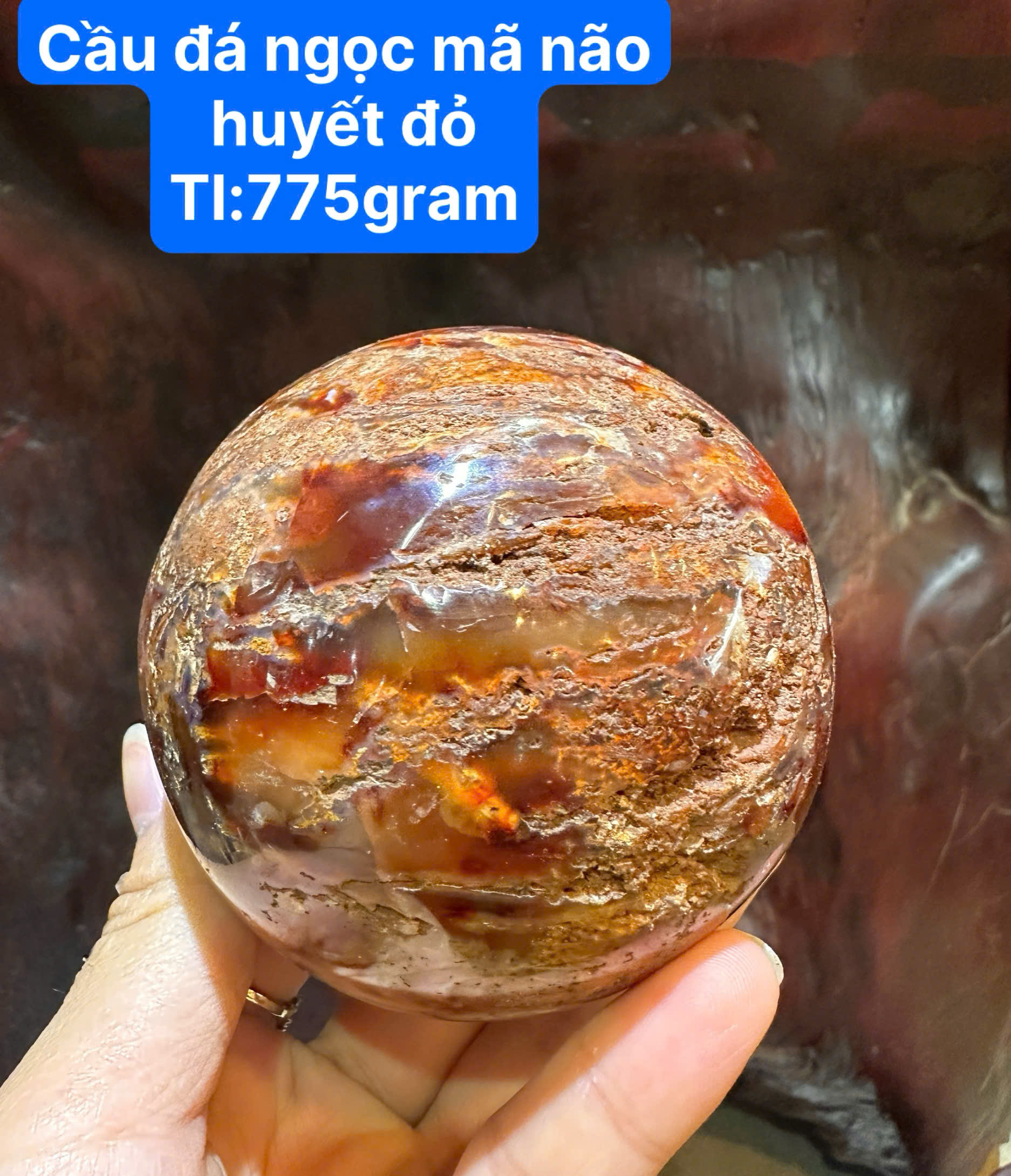 Quả Cầu Ngọc Mã Não Huyết Đỏ 775gram Huyết Ngọc Tụ Khí, Khởi Sắc Công Danh