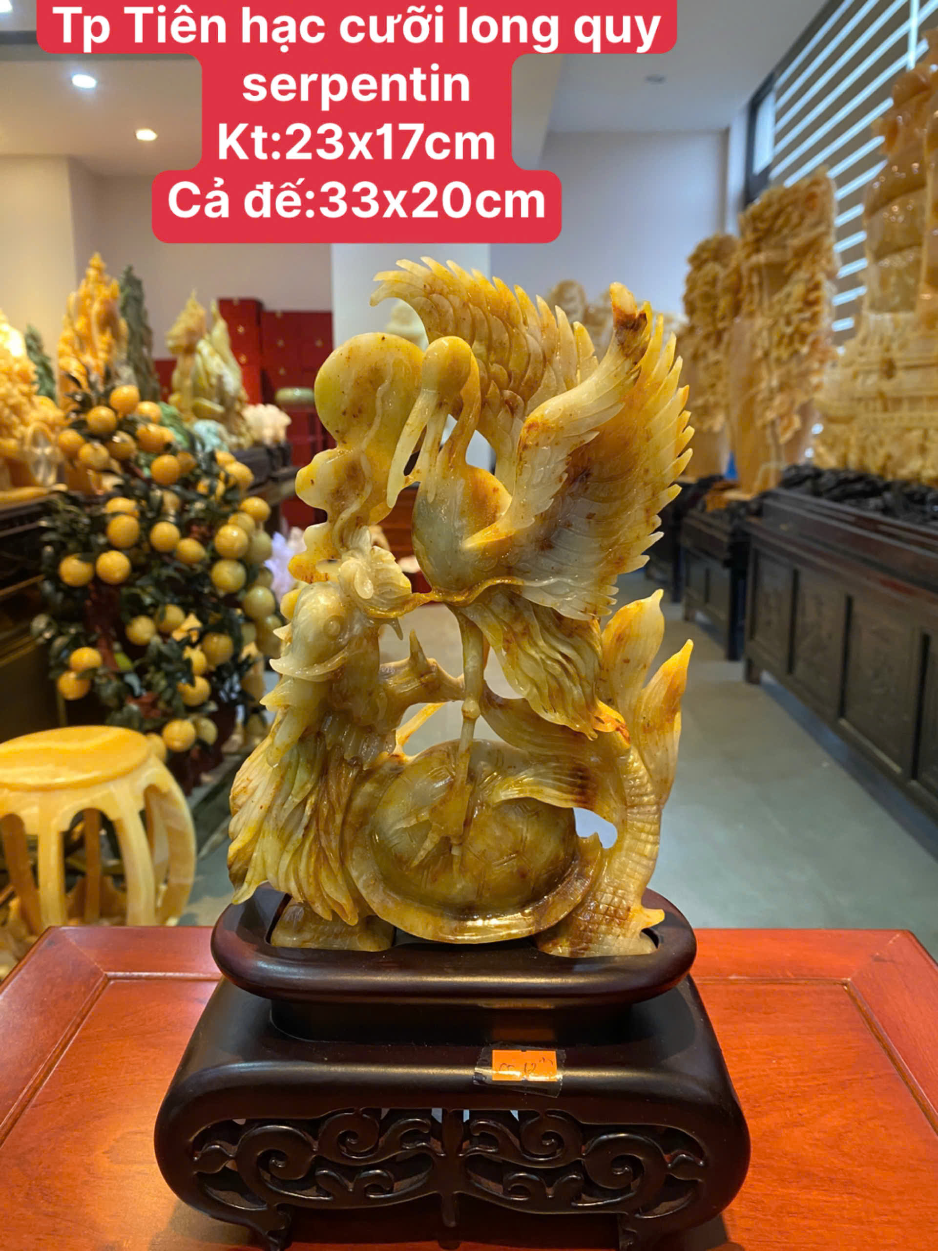 Tiên Hạc Cưỡi Long Quy ngọc serpentine vàng – Biểu tượng trường thọ, phú quý và vượng khí bền lâu