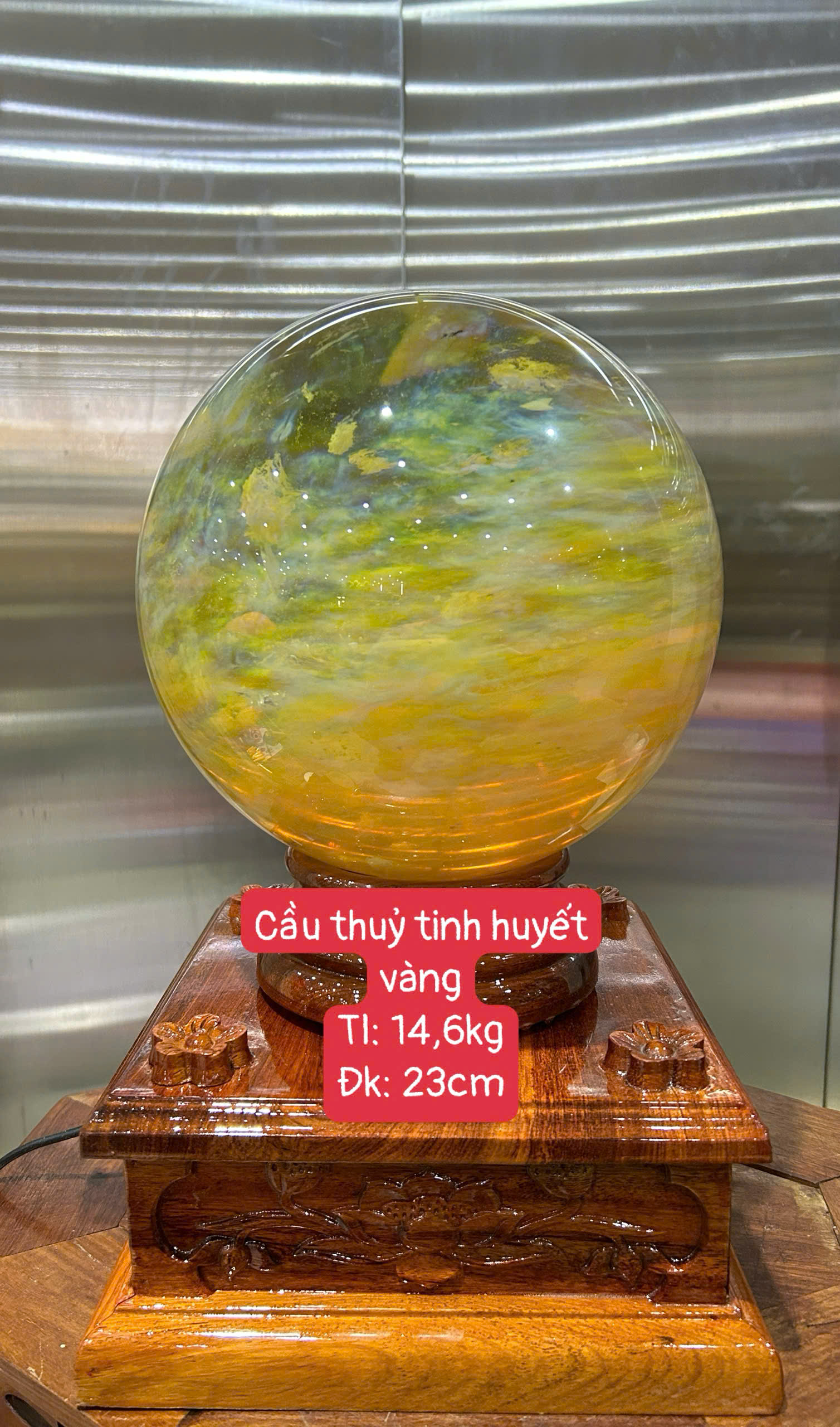 Quả Cầu Obsidian Thủy Tinh Huyết Vàng 23cm Hỏa Thổ Tương Sinh, Định Bang Trấn Trạch