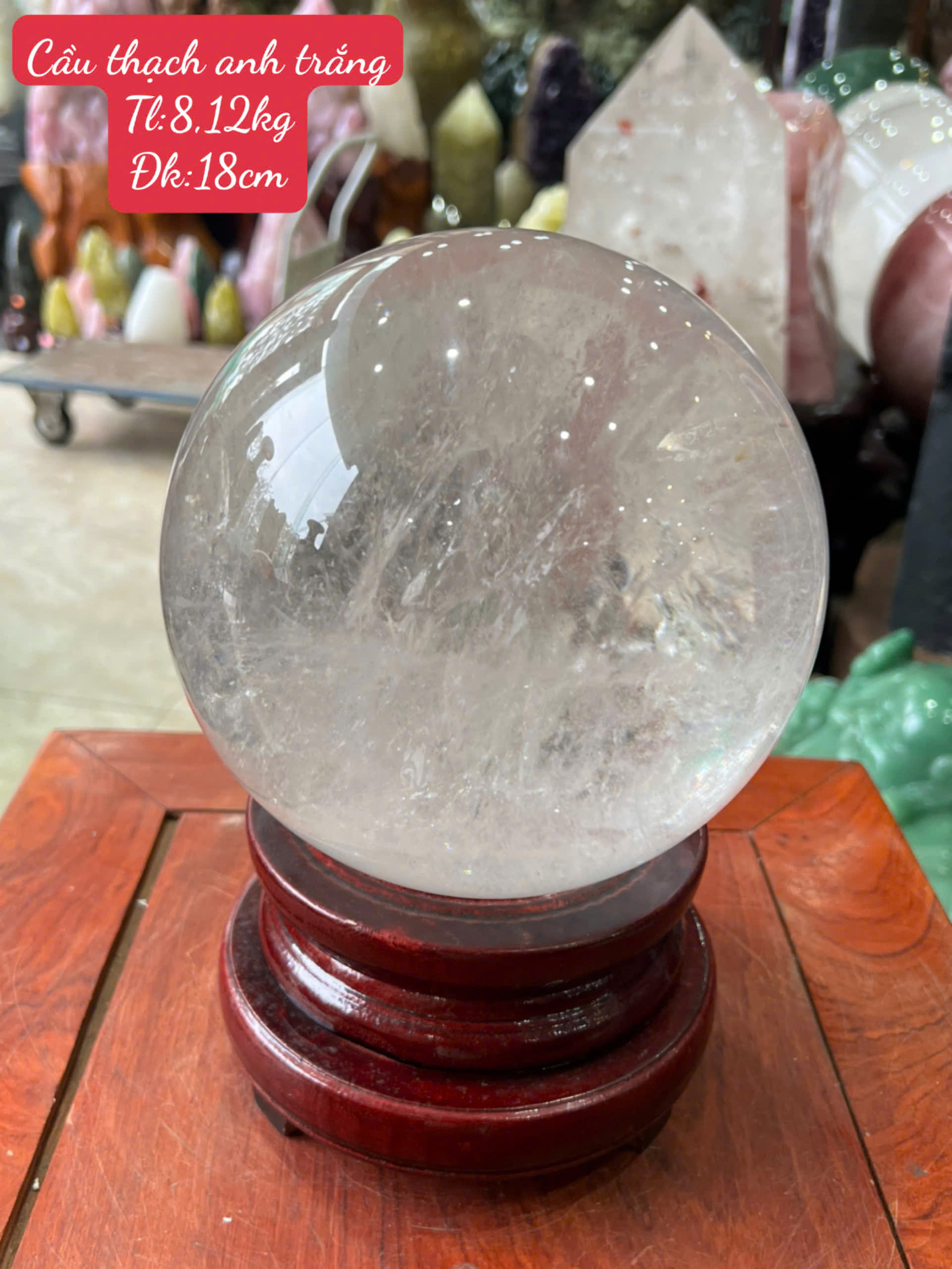 Quả Cầu Thạch Anh Trắng Trong 18cm Băng Tinh Tụ Khí, Thanh Tẩy Bình An