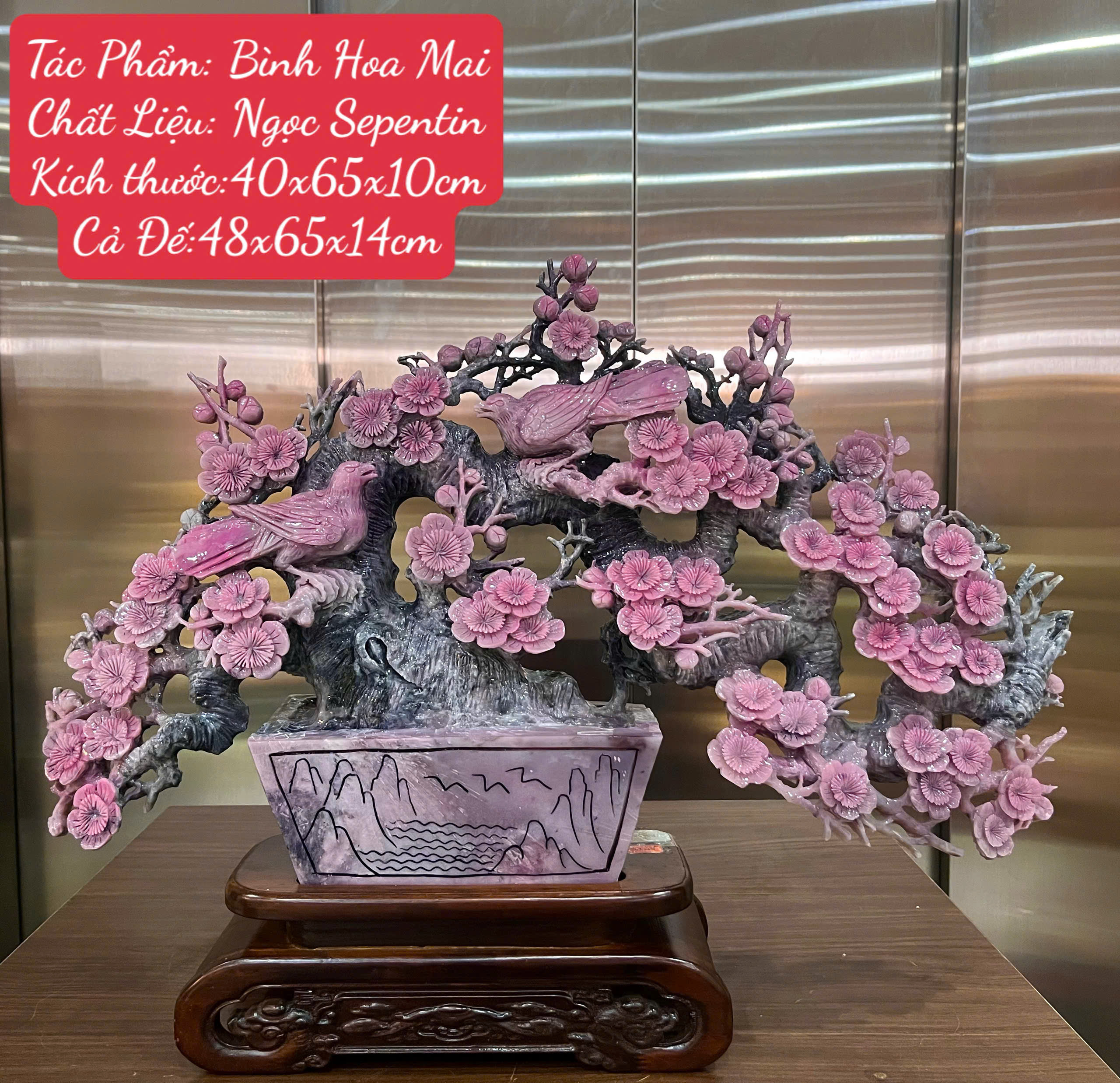 Bình Cây Hoa Mai Ngọc Serpentine Khai Xuân Phú Quý, Tài Lộc Nở Hoa