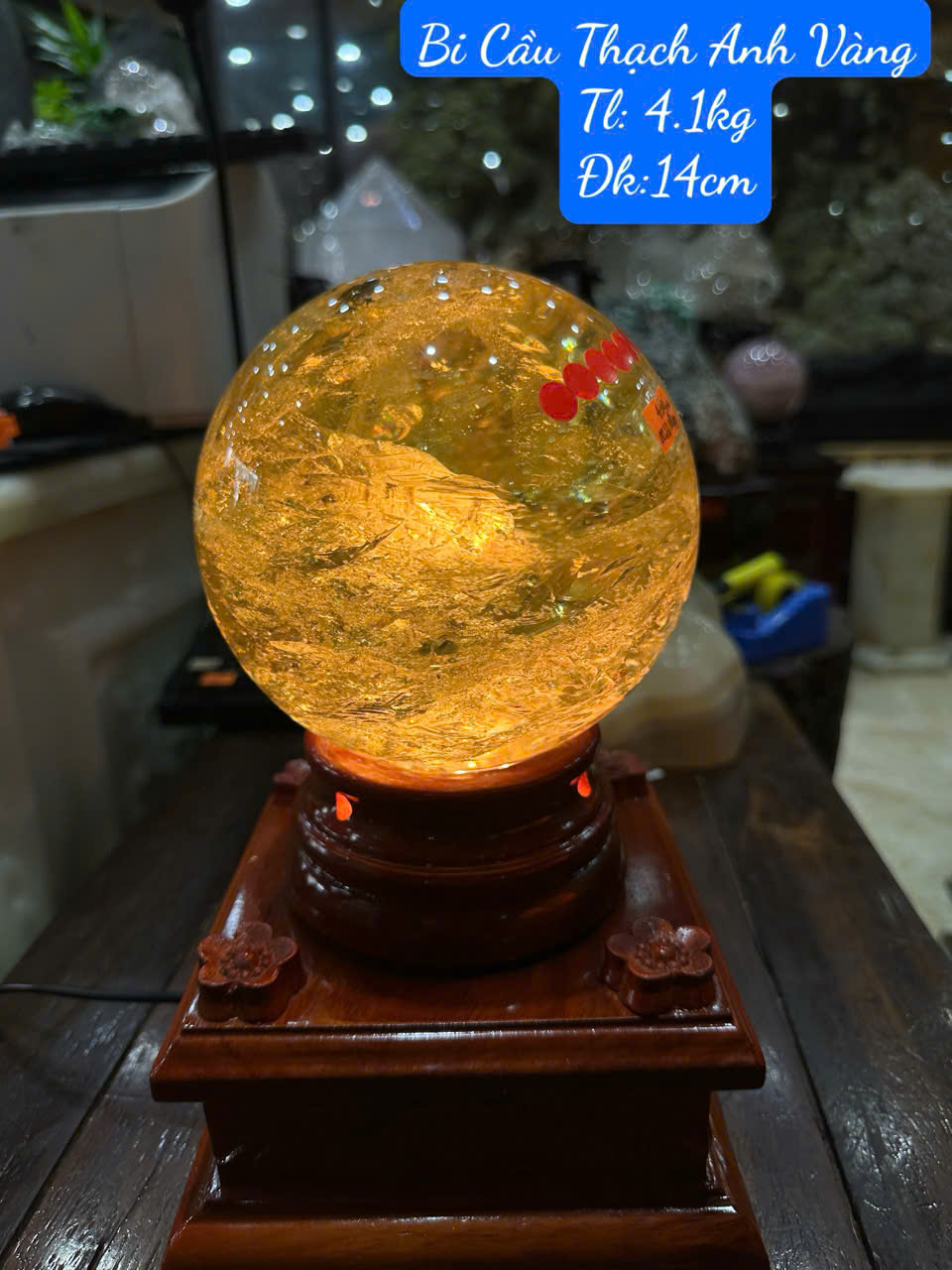 Quả Cầu Thạch Anh Vàng 14cm Vầng Dương Cát Tường, Tài Lộc Vững Bền